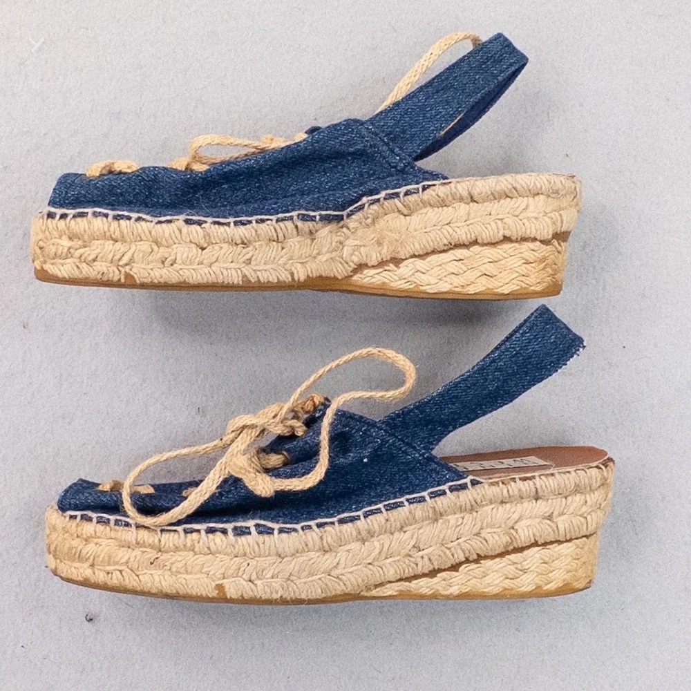 Vintage Nine West Denim Espadrille Platform Wedges Peep Toe Slingback Sandals